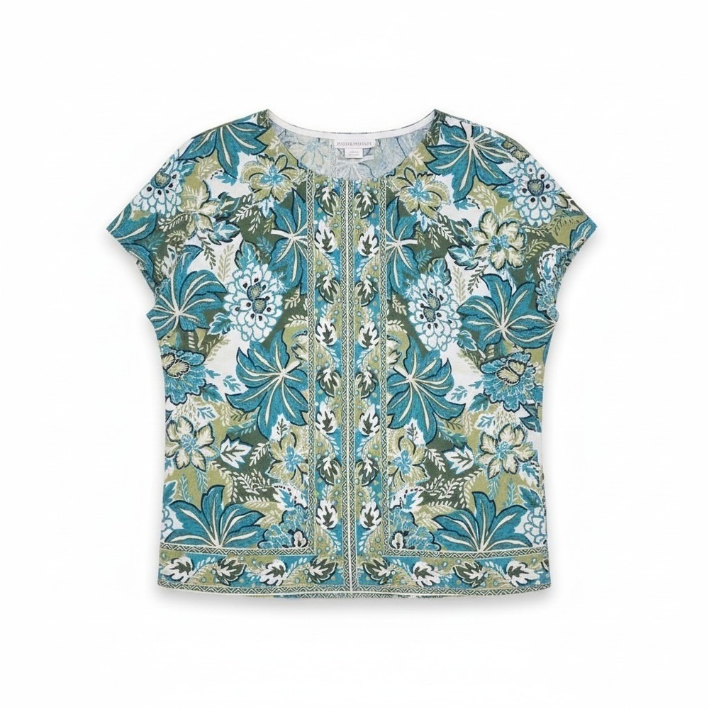 Susan Hutton Womens Floral Tropical Print Short Sleeve Blouse Green Blue Size S